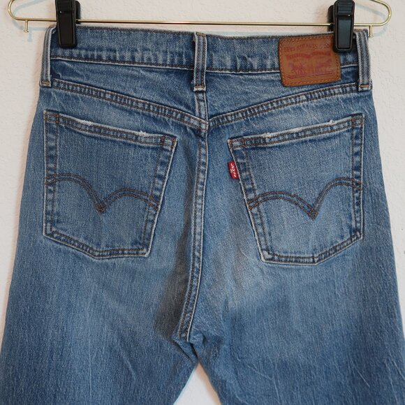 Levi's Vintage Red Tab Light Wash Distressed Straight Jeans, Size 27 Button Fly - Picture 6 of 8